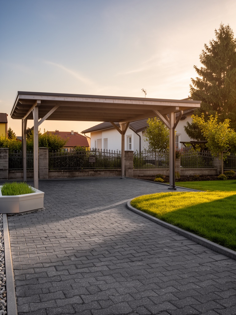 Carport-Visualisierung mit warmem Sandstein-Pflaster im Wildverband