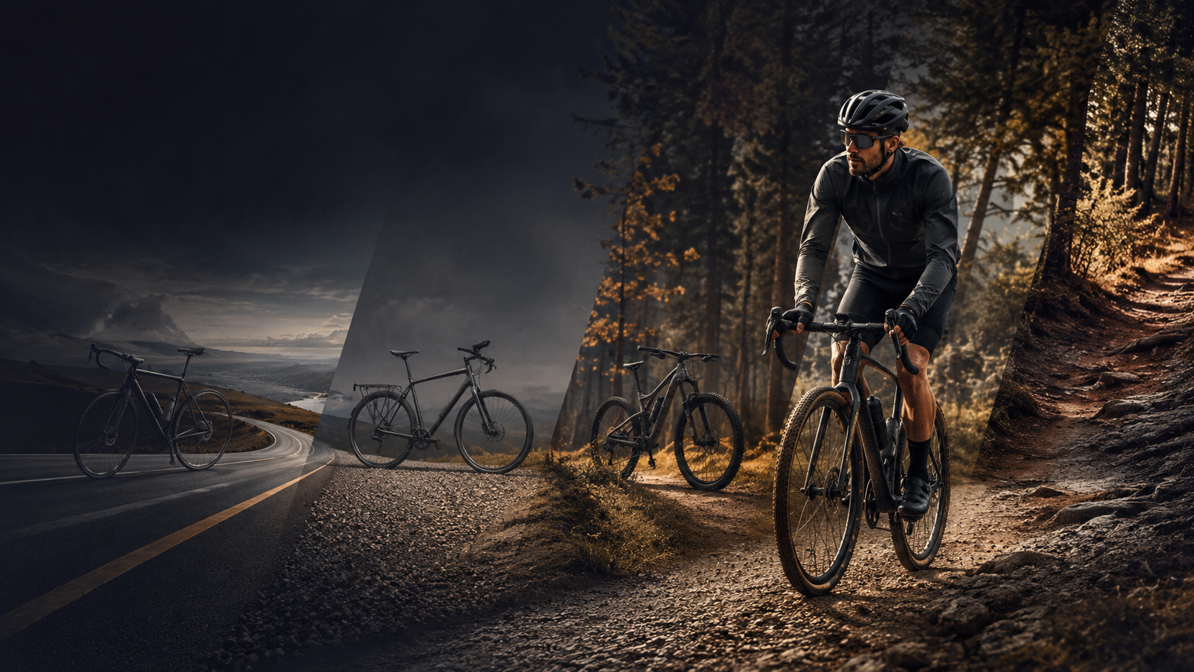 Gravelfahrer auf Wald- und Schotterweg, dazu verschiedene Fahrradtypen als stimmungsvolle Collage